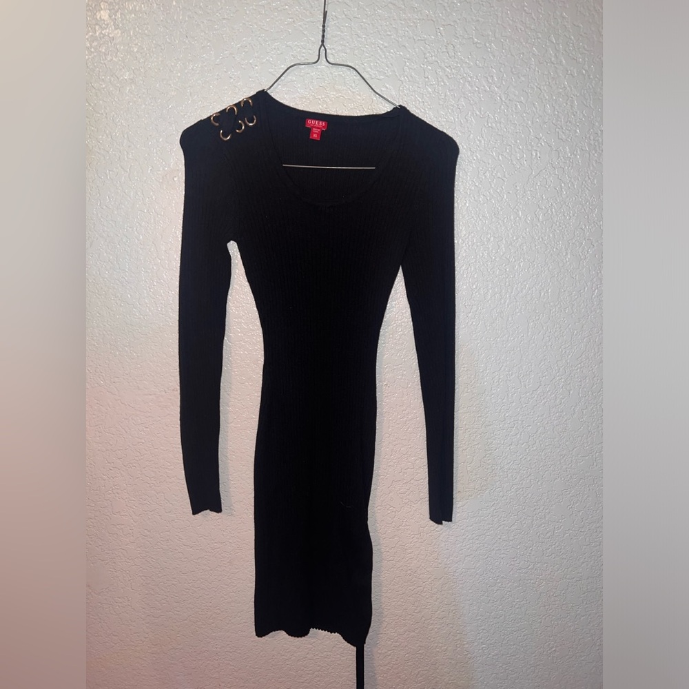 Guess Black Long Sleeve Knit Dress with Gold Accents